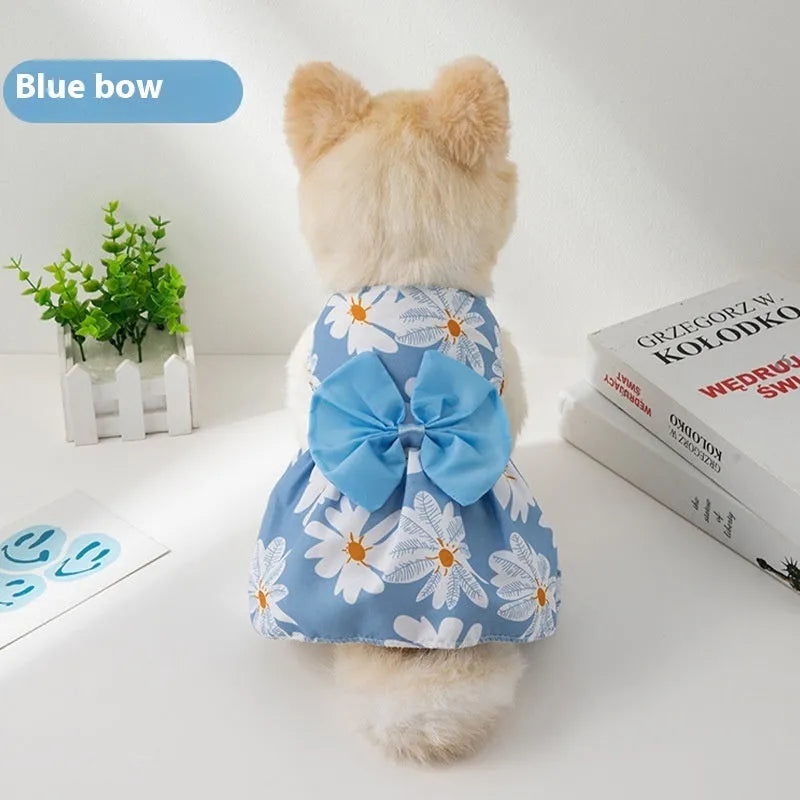 Ultra-thin polyester pet dress with floral butterfly patterns and decorative coloured bow
