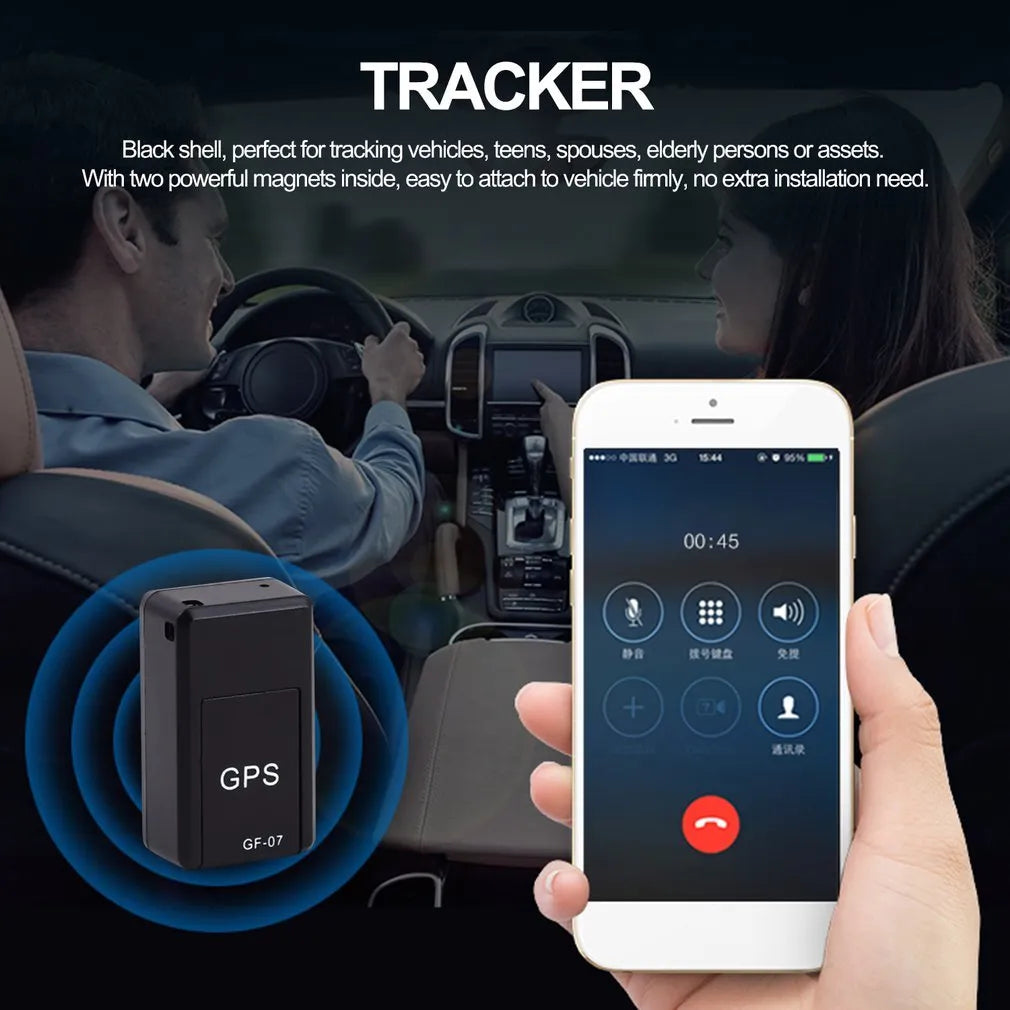 Small black magnetic GPS car tracker device for real-time vehicle and asset tracking.