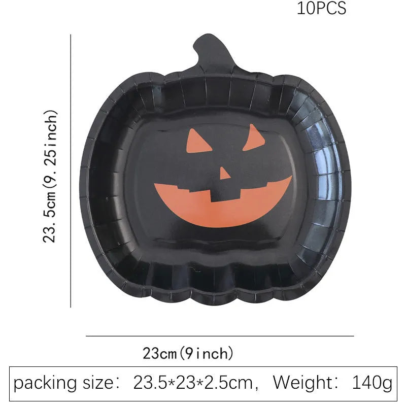 Thickened 9-inch black disposable paper plate with orange pumpkin Halloween design