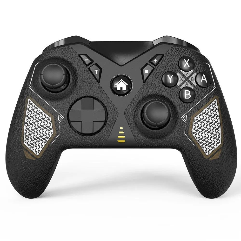 Black wireless Nintendo Switch game controller with leather-texture grips on a grey background.