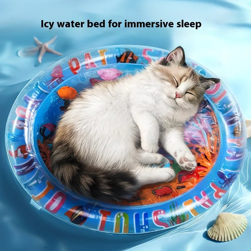 Inflatable PVC water cooling bed for pets, showing dolphin design on a blue background.