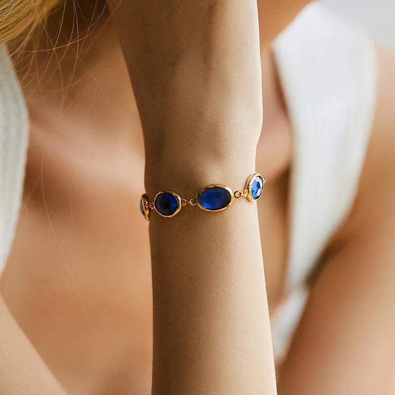 Copper inlay glass geometry bracelet with ellipse motif in blue green multicolor for women fashion OL style