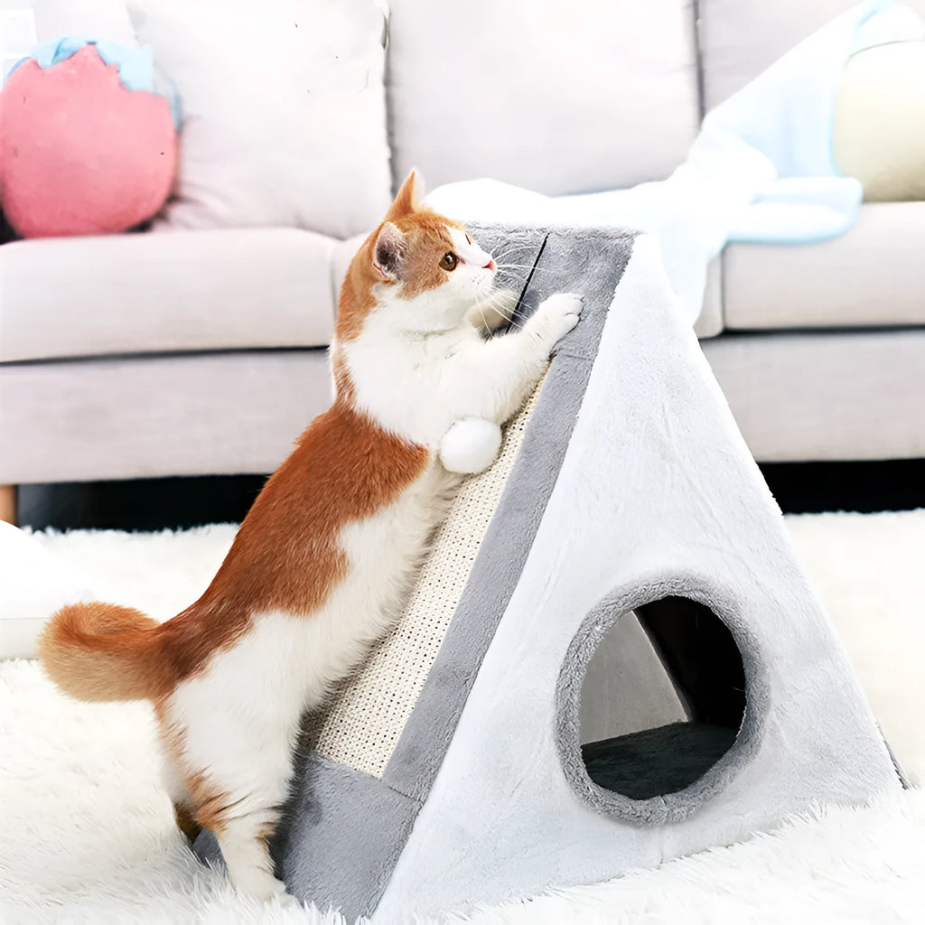 Grey and white triangle cat scratcher bed with sisal scratching surfaces and fur-lined sleeping area