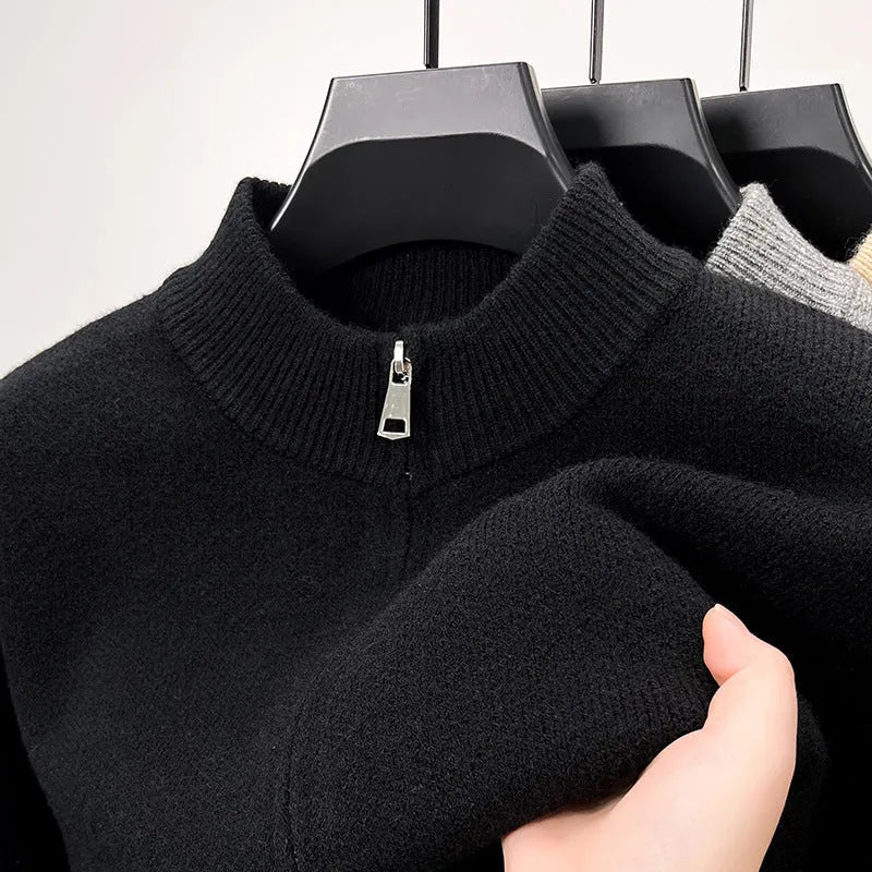 Men's grey stand collar knitted zip cardigan with a loose, thickened fit on a hanger.