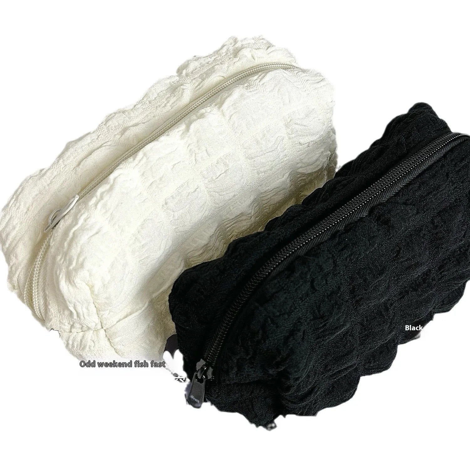 Beige and black fabric pencil case with cream puff design for pen storage