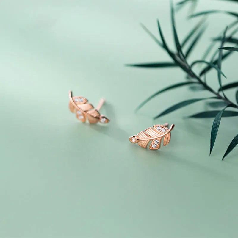 Fashion willow leaf stud earrings for women mori style micro-inlaid leaves copper rose gold and white gold colours