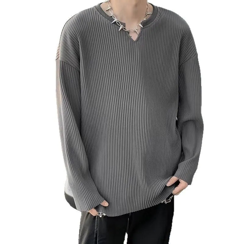 Plus size striped texture draping solid colour pullover in black, long sleeves, loose fit, front view