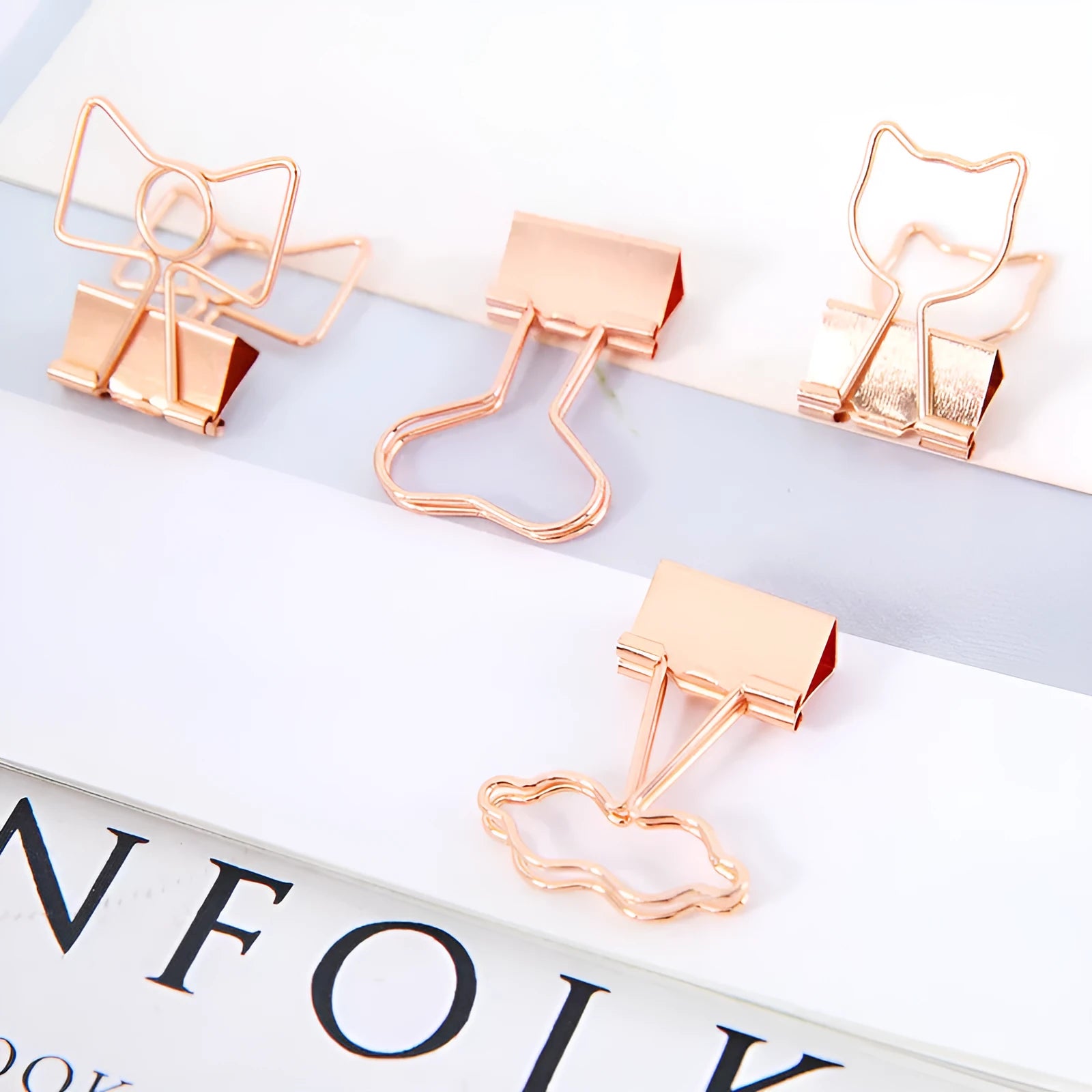 Gold metal decorative clip with long tail in flamingo, love, clouds, cat, cactus, or bow shapes