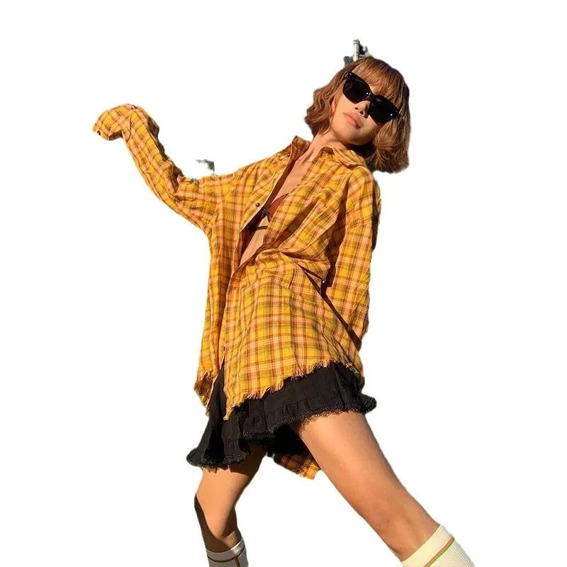 Dopamine yellow plaid shirt in loose cardigan style with polyester fabric