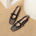 Women's beige mesh buckle pumps with a square toe and flat sole on a white background.