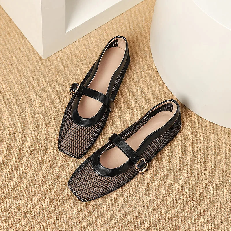 Women's beige mesh buckle pumps with a square toe and flat sole on a white background.
