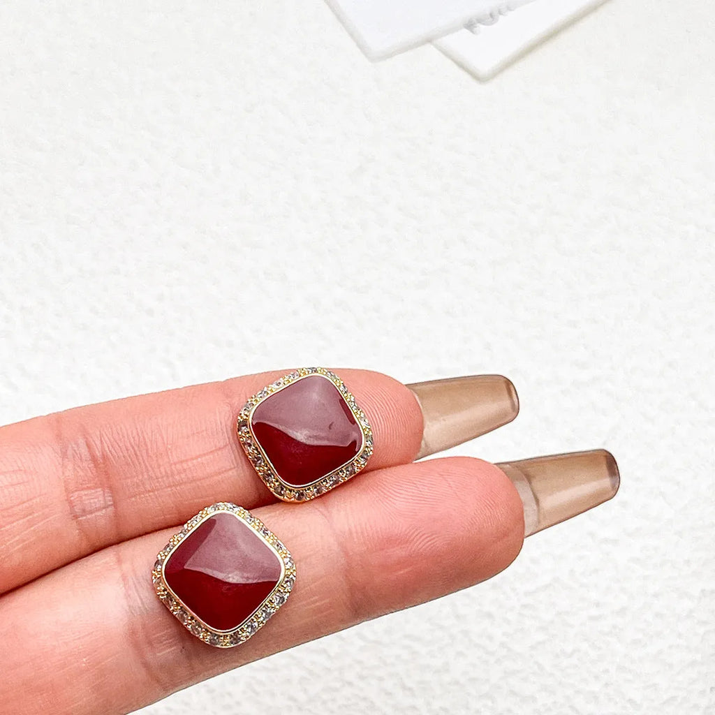Retro red geometric square earrings with alloy construction and inlaid design