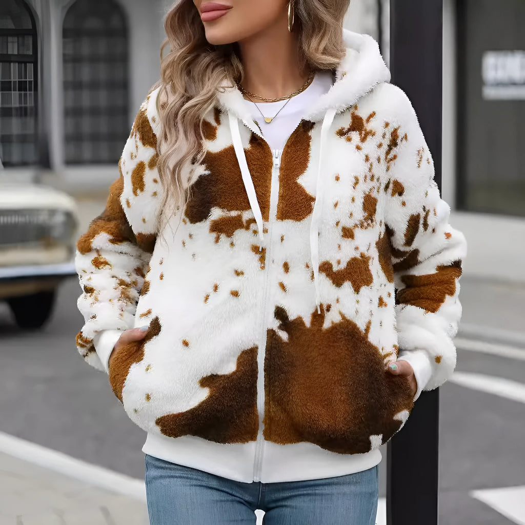 Yellow brown cow print hooded cardigan jacket with zip fastening and regular sleeves