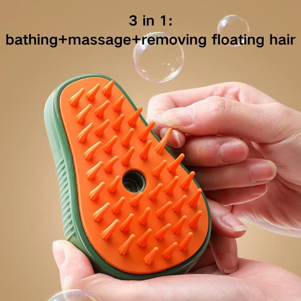 Green and white cat steam brush with silicone teeth and water spray function for pet grooming