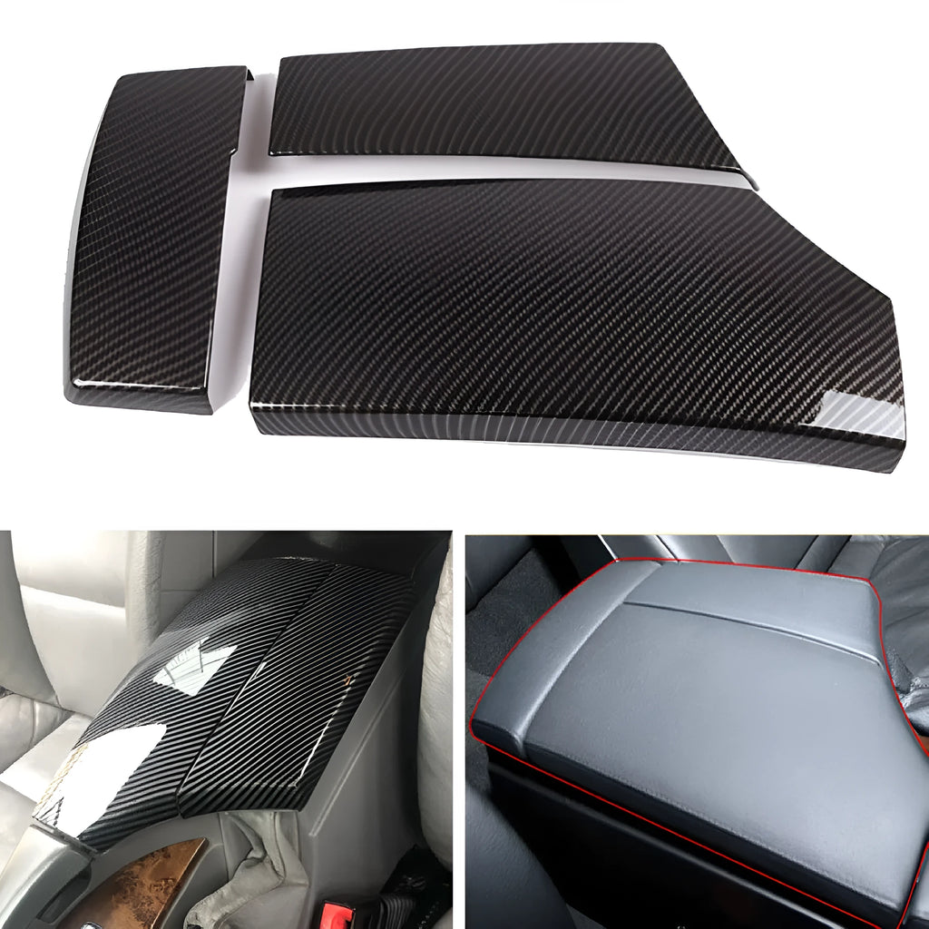 Three black ABS plastic car armrest box covers with a carbon fibre pattern and glossy finish.