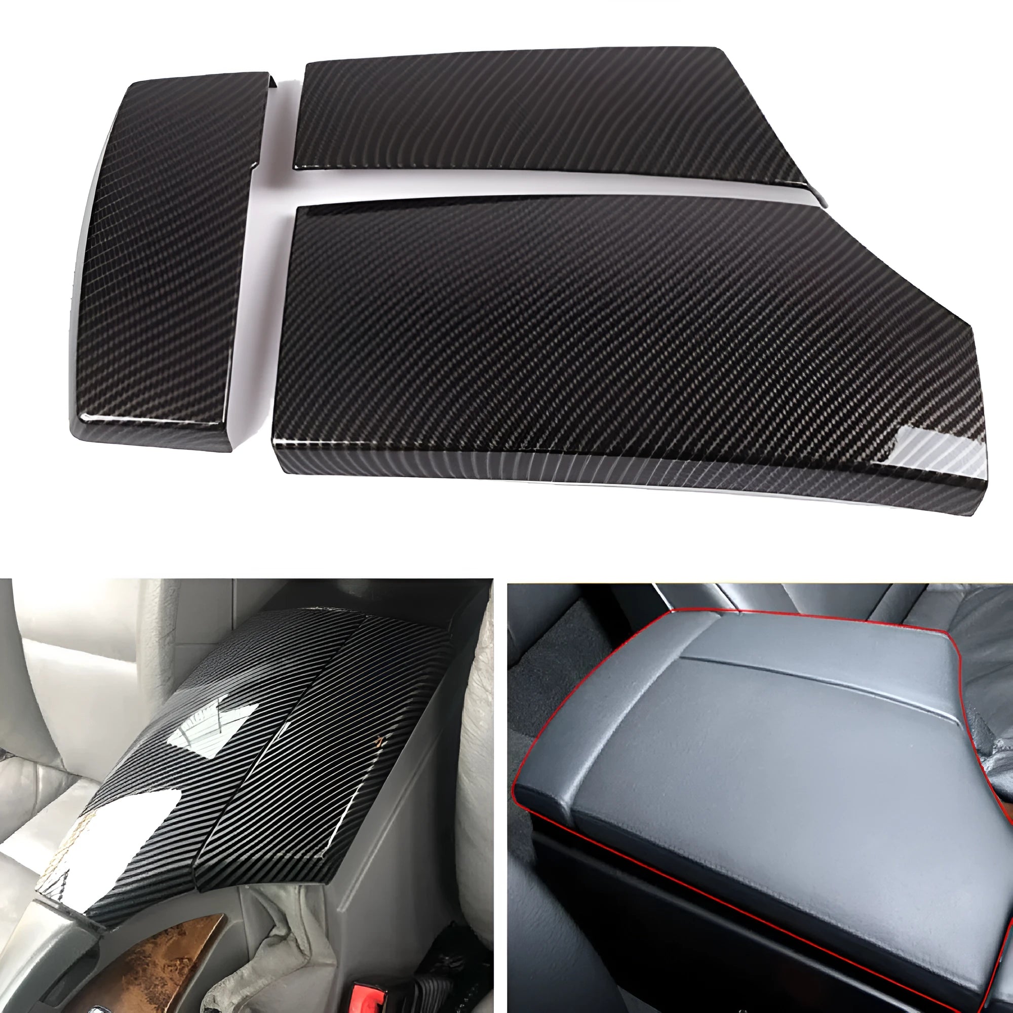 Three black ABS plastic car armrest box covers with a carbon fibre pattern and glossy finish.