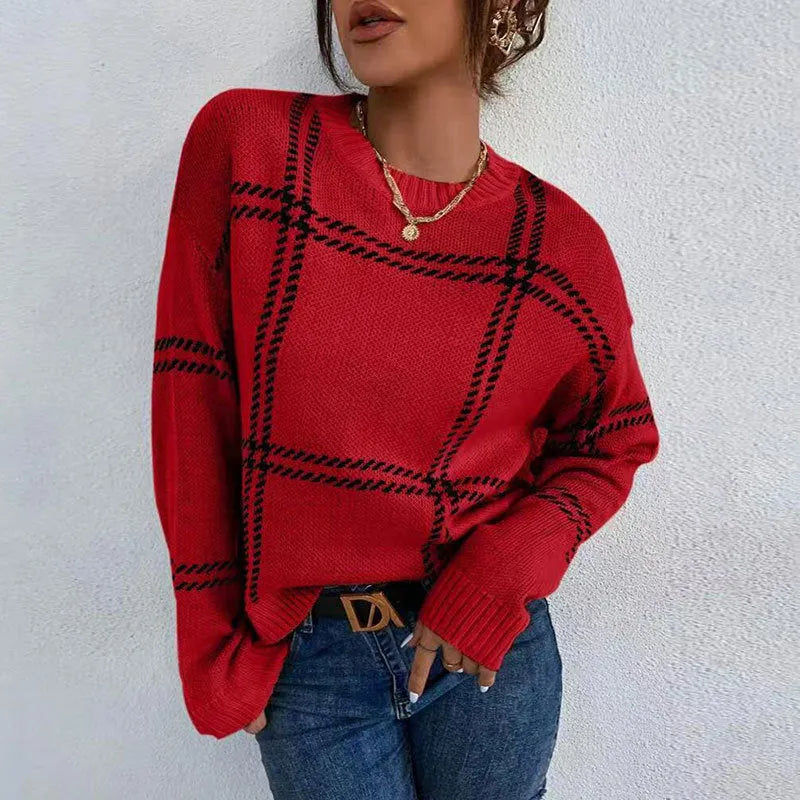 Women's loose fit plaid colour-block acrylic sweater with crew neck and regular sleeves