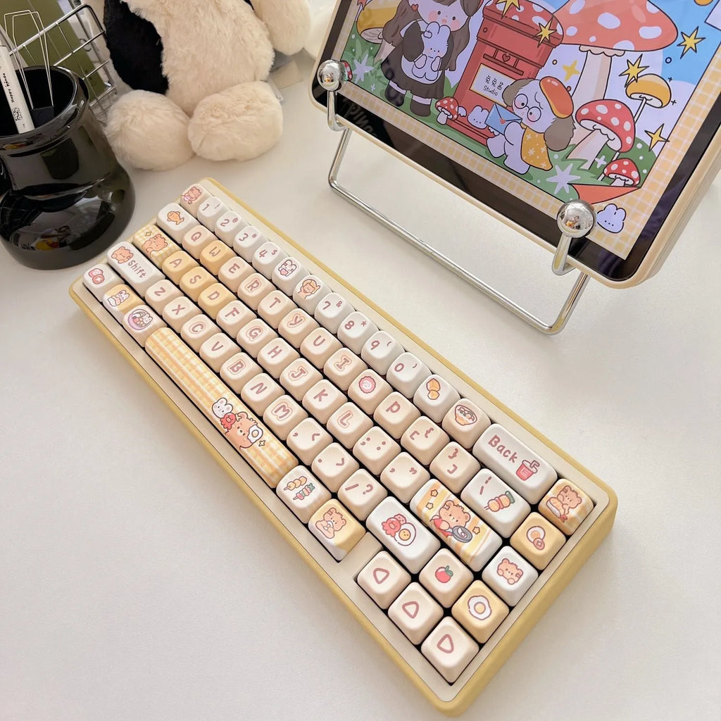 140 PBT plastic keycaps with Rabbit Bear Restaurant designs and EOA height profile for mechanical keyboards
