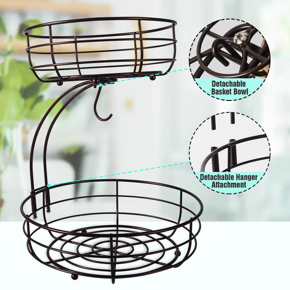 Double-layer black wrought iron fruit basket with two storage tiers for fruits and vegetables