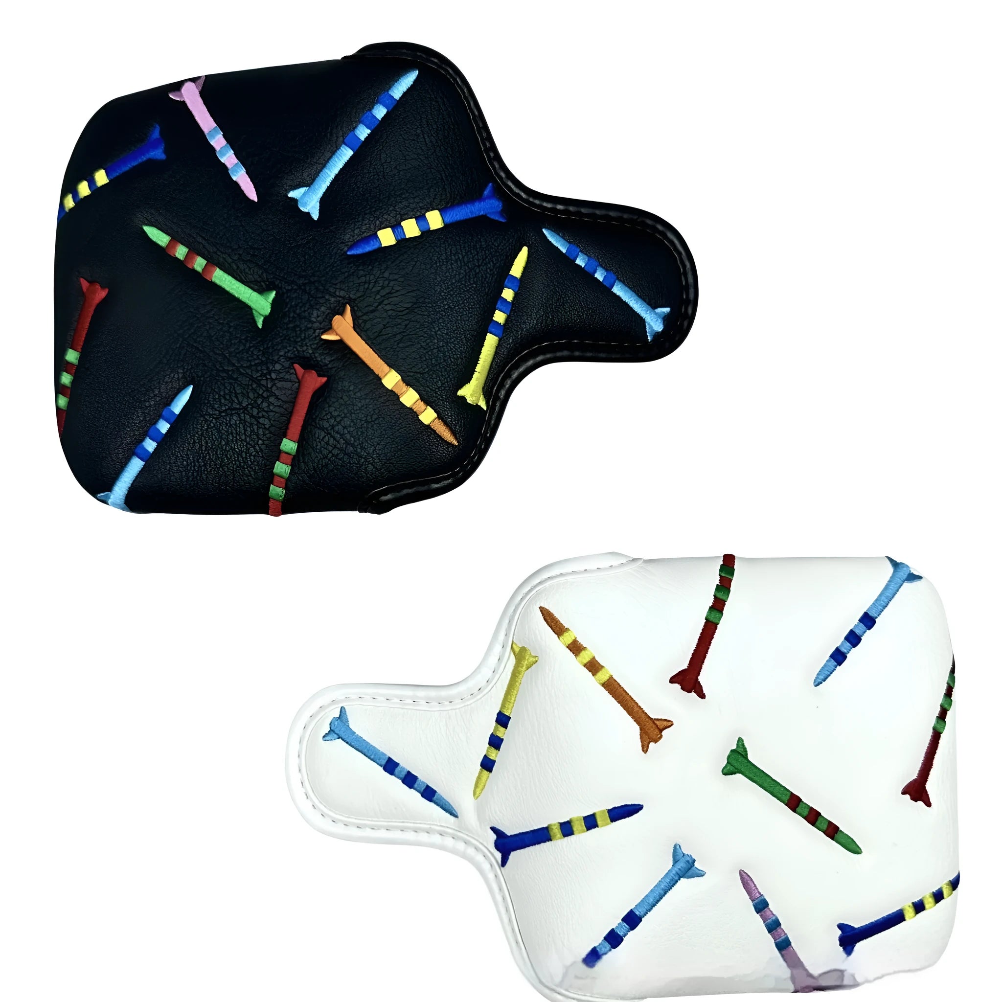 Square golf putter protective sleeve with rocket pattern in black or white PU leather