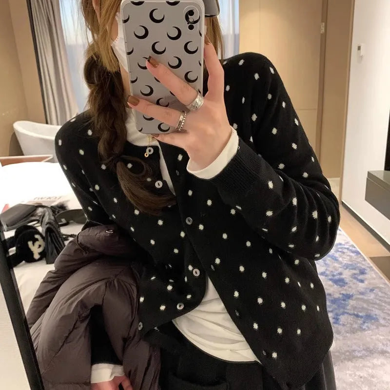 Women's grey dot pattern knitted cardigan with crocheted flower sleeves in loose fit free size