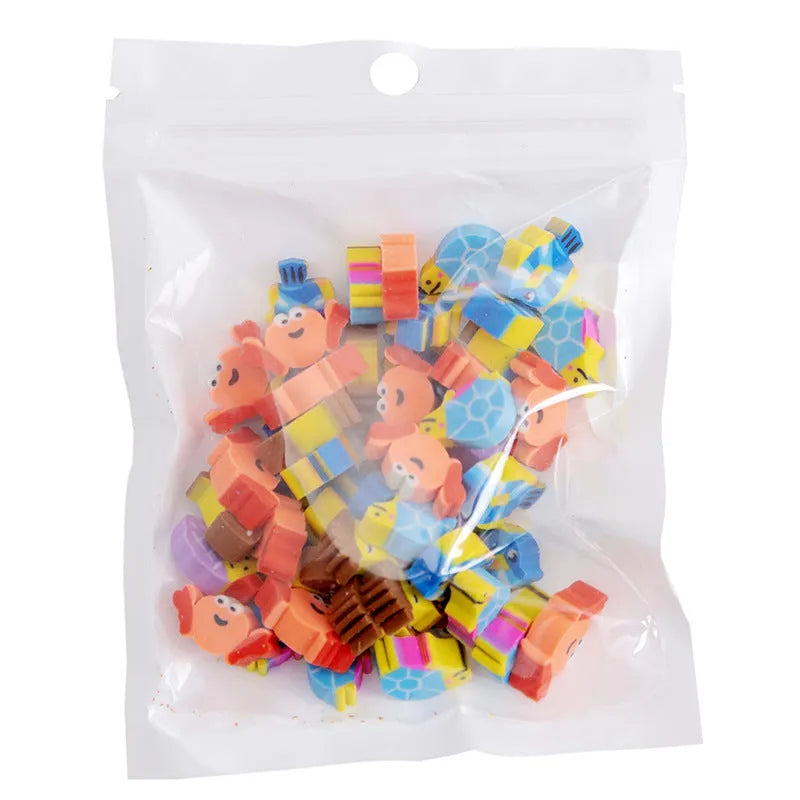 50 small colourful cartoon novelty erasers including fruit and animal shapes in a pearlescent film bag.