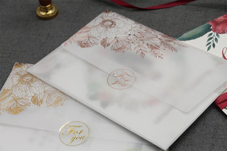 Sulfuric acid paper invitation card with bronzing matte varnish, gold sticker, 12.5x17.6 cm