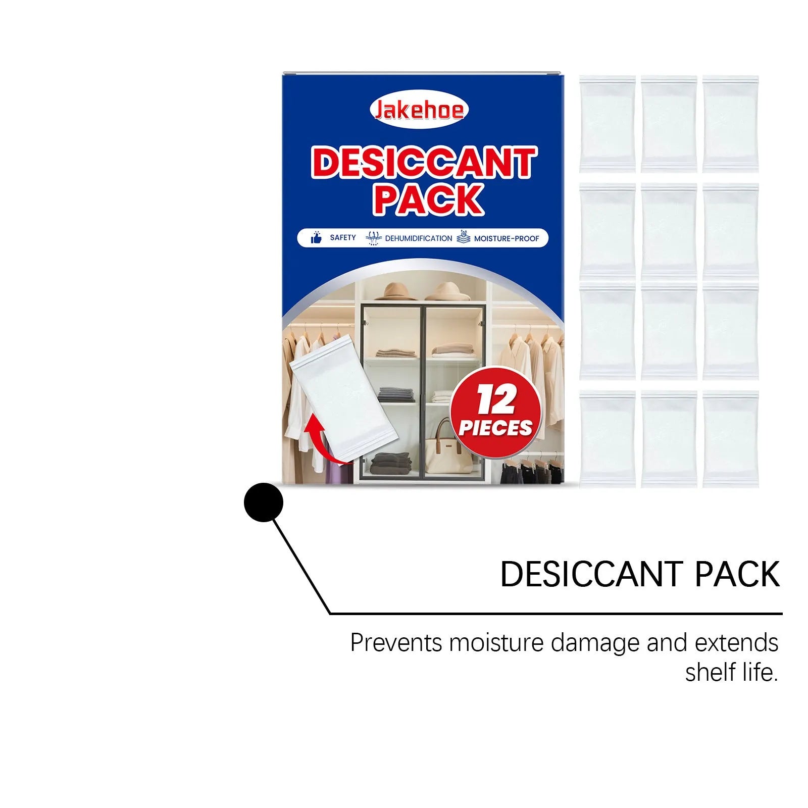 Pack of 12 calcium chloride anti-odor desiccant sachets for household moisture absorption.