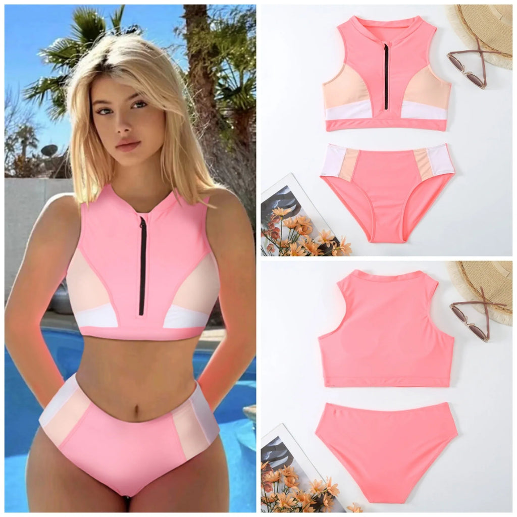 Pink high waist bikini swimsuit set with briefs and a bra on a mannequin.