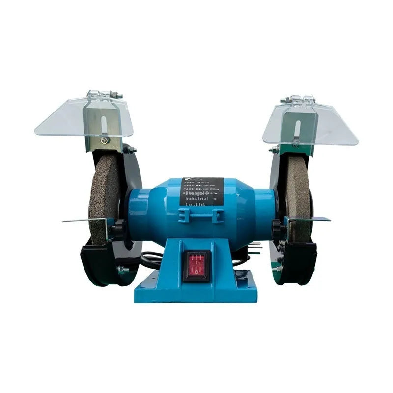 Compact 5-inch metal desktop polishing and sharpening machine on a workbench.