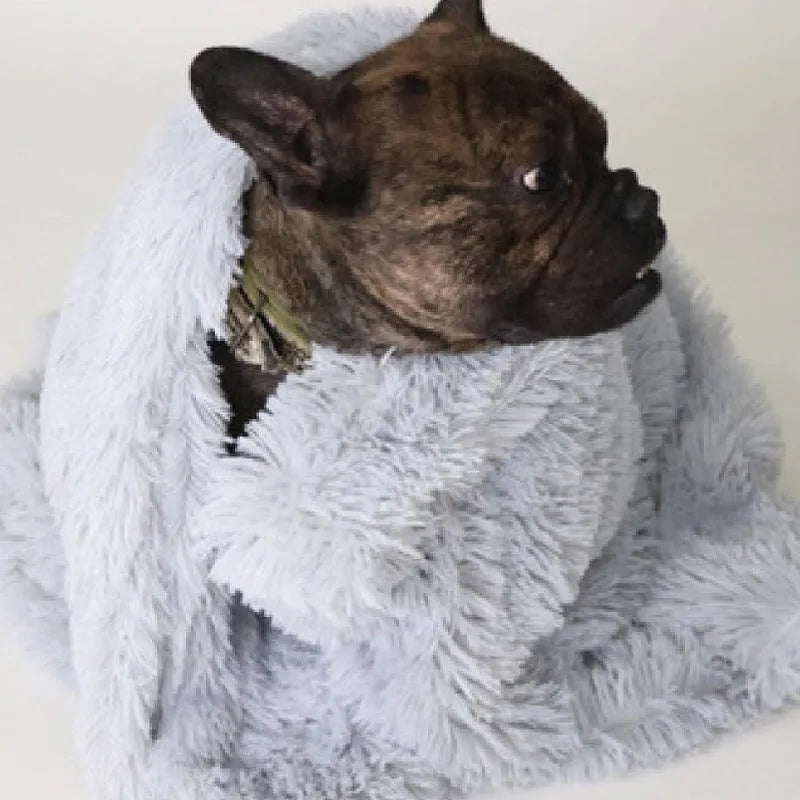 Soft long plush dog blanket in dark grey, shown on a floor next to a pet kennel.