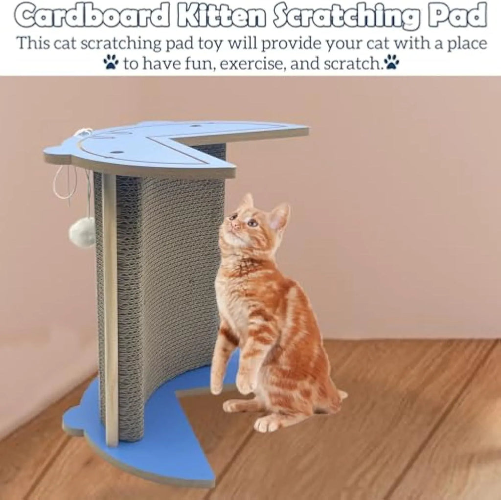 Cat corner scratching pad mounted on wall with replaceable scratching board and hanging ball