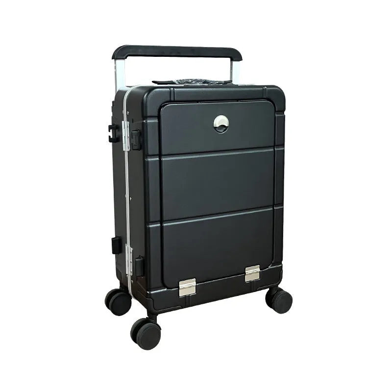 20-inch front opening suitcase in black showing separate dry and wet compartments with universal wheels