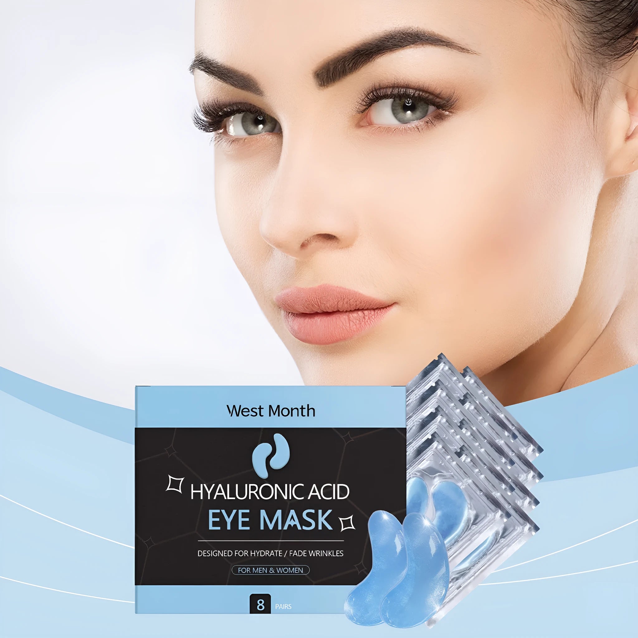 8 pairs of hyaluronic acid eye masks in a bag for under-eye hydration
