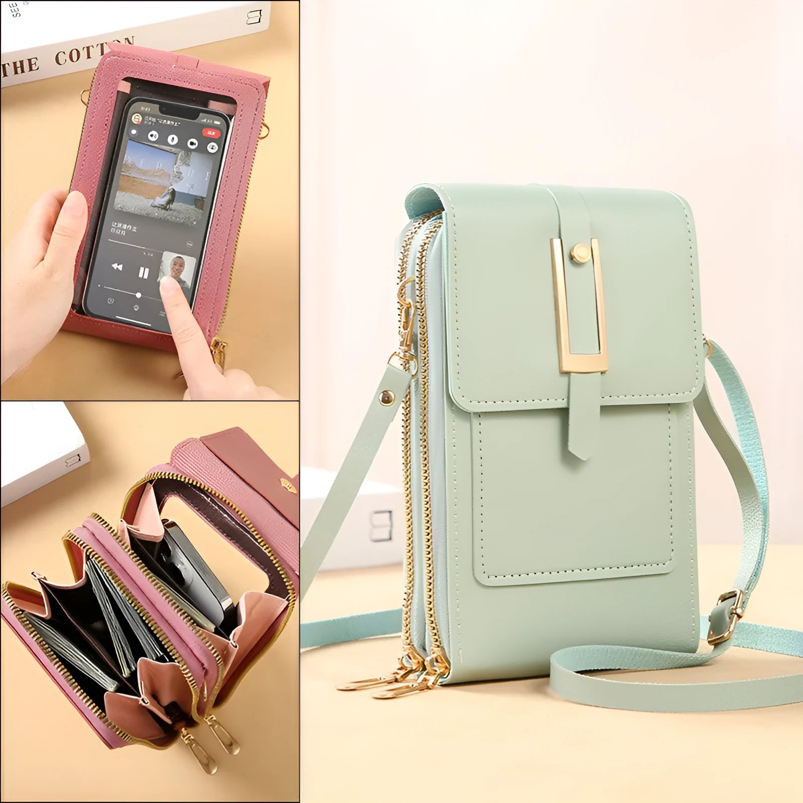 Women's transparent PU crossbody shoulder bag with touch screen window, letter design, in multiple colours