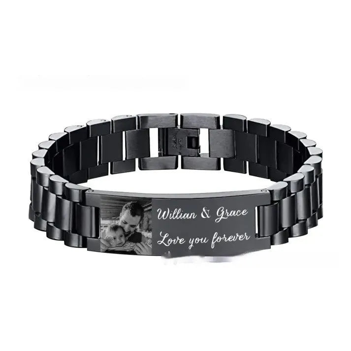 Men's curved stainless steel lettering bracelet with engraved text and titanium construction