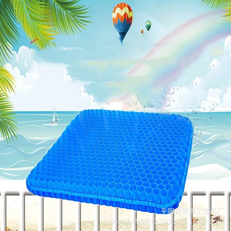Summer gel seat cushion with honeycomb design showing double thick construction and removable cover