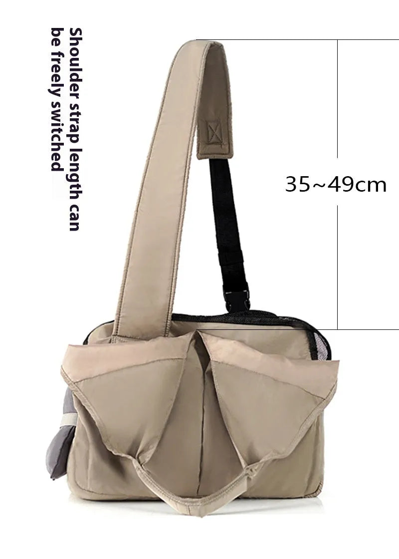 Apricot cloth pet summer handbag showing dimensions of 41cm length by 16cm width by 28cm height
