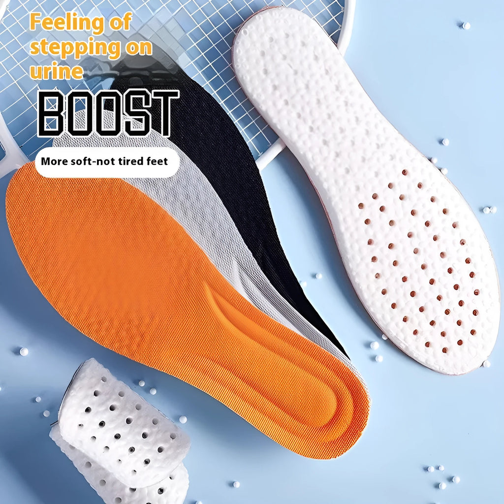 Breathable PU sports insoles in grey, black and orange colours with trim-to-fit edges