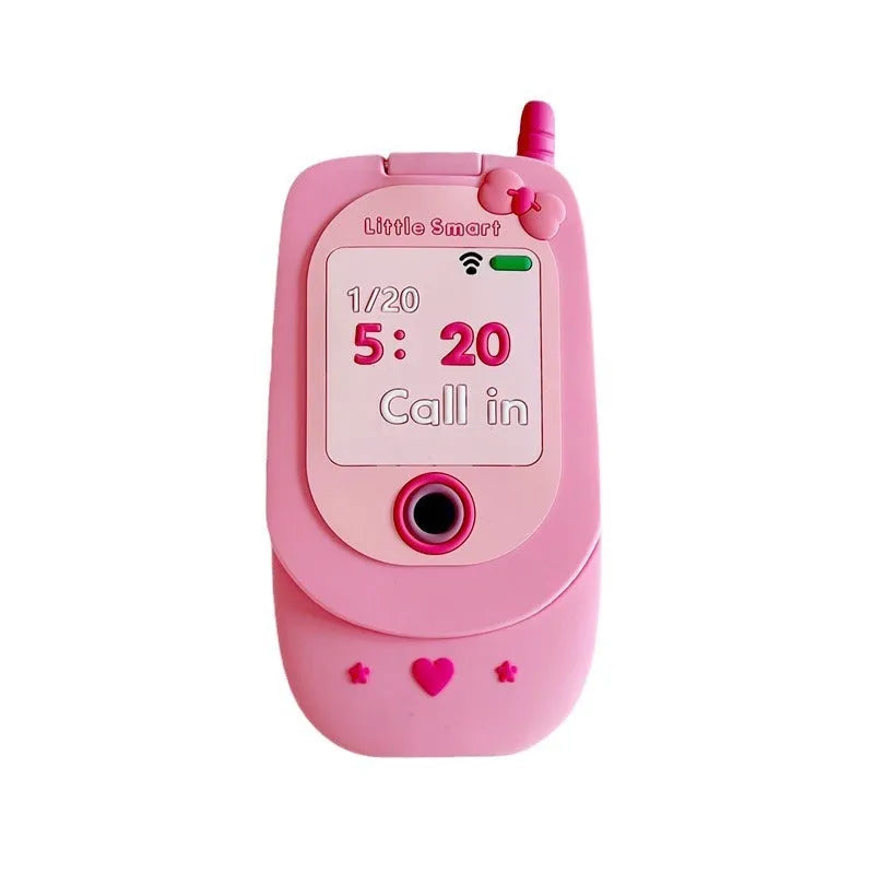 Light pink silicone flip phone shaped mirror case for iPhone on a white background.