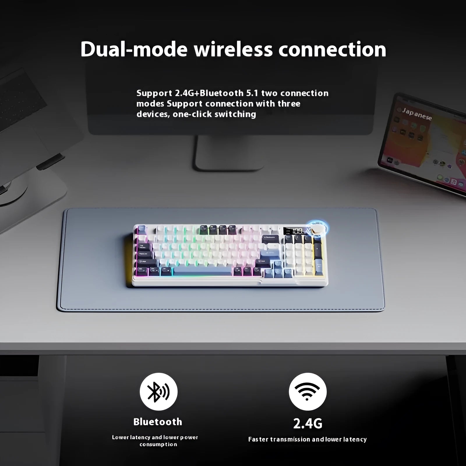 Wireless Bluetooth keyboard and mouse suit with mechanical feeling keys in blue white colour combination