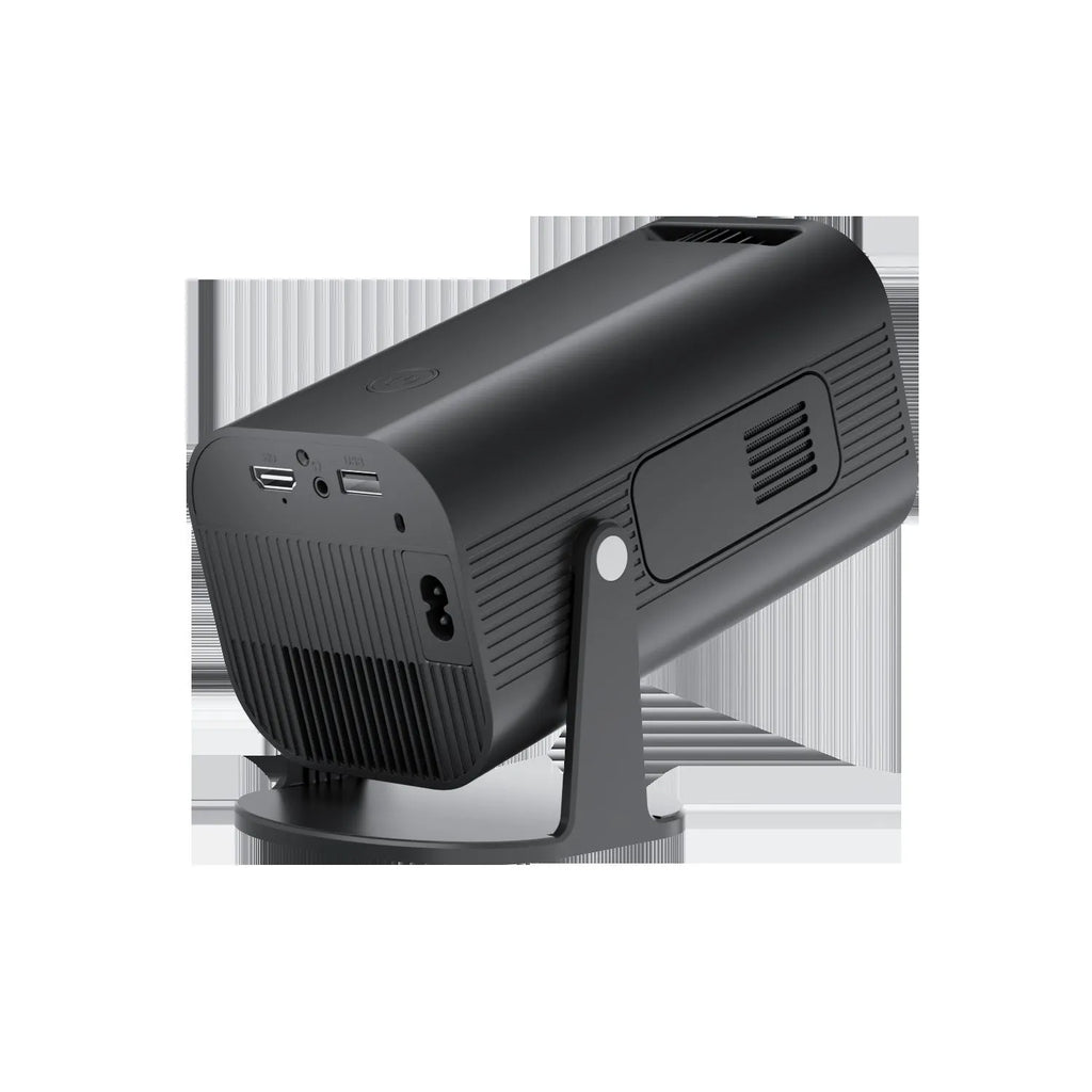 P330 black and white portable mini projector on a table with remote control.