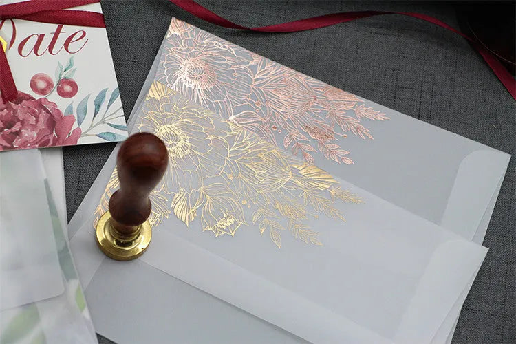 Sulfuric acid paper invitation card with bronzing matte varnish, gold sticker, 12.5x17.6 cm