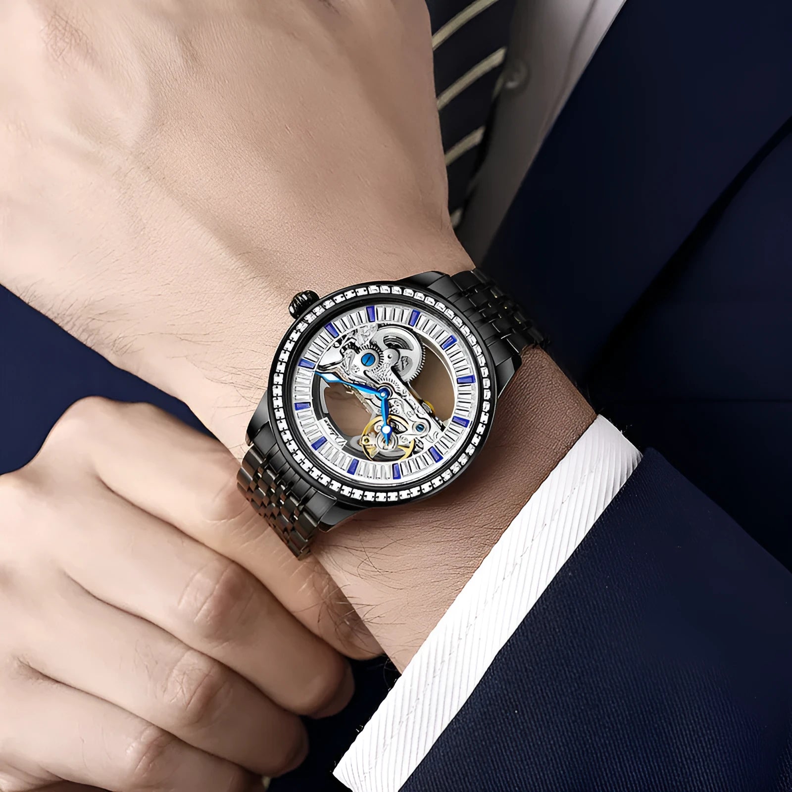 Men's luxury zircon mechanical watch with waterproof case and choice of strap options