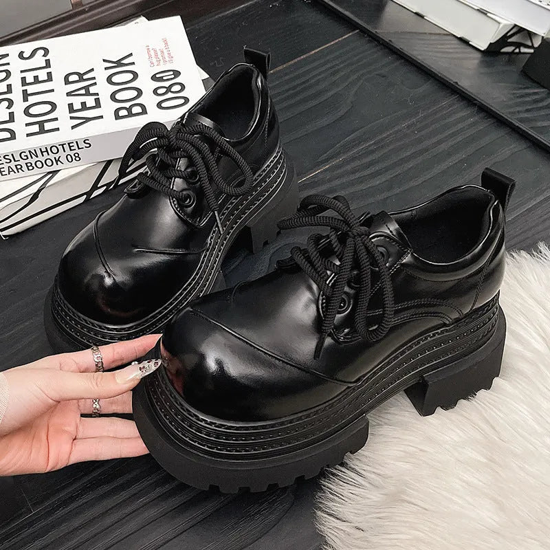 Raise The Bottom black women's platform pumps with block heel, round toe, and front lace-up