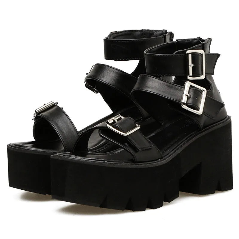 Punk Harajuku street women's sandals with chunky heel, round toe, and back zipper in black