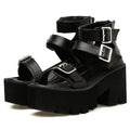 Punk Harajuku street women's sandals with chunky heel, round toe, and back zipper in black