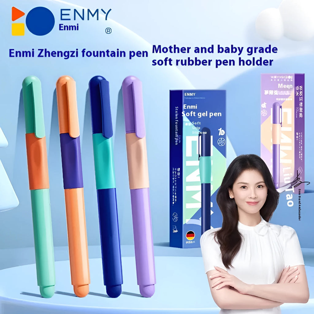 Blue plastic student posture correction pen with ergonomic grip on a white background.
