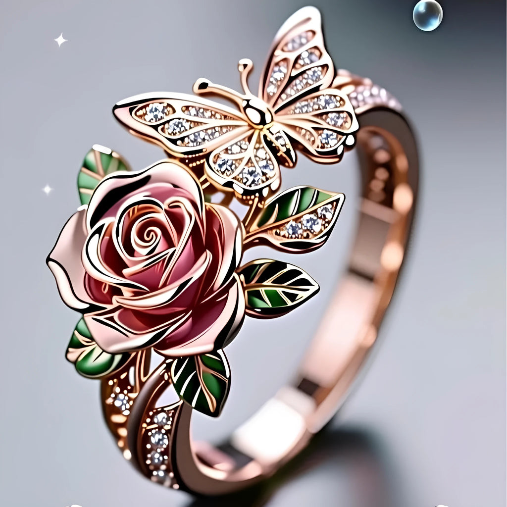 Adjustable fairy style ring with colourful oil-drip butterfly pendant and floral elements