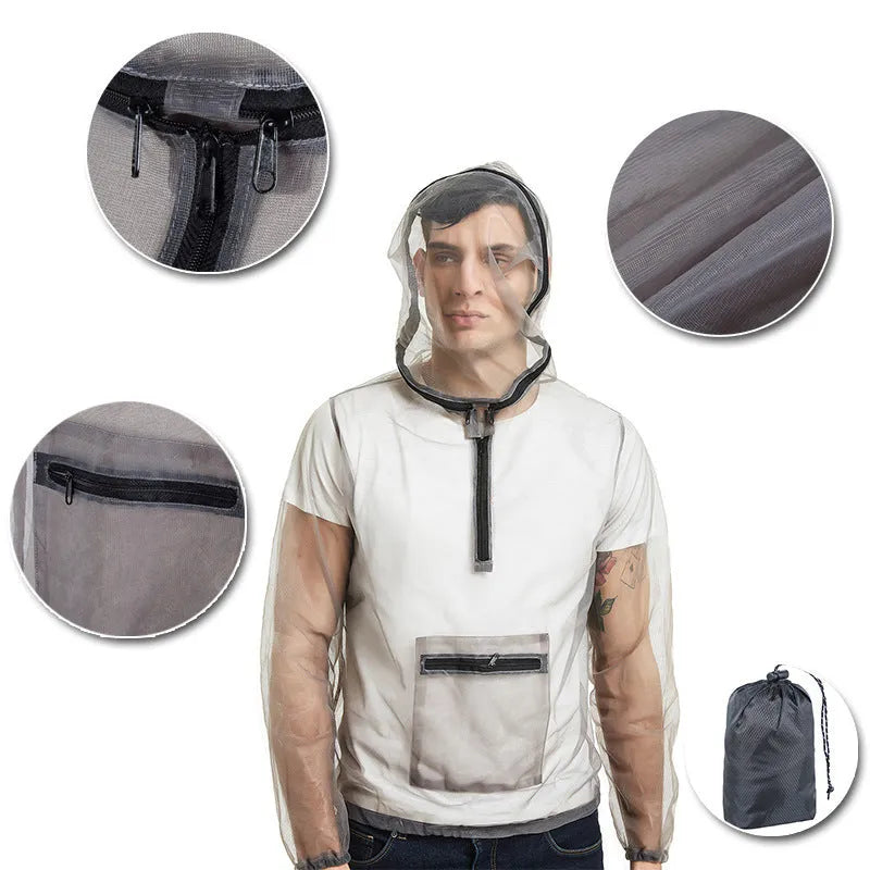 Breathable insect-proof mesh cloth jacket in smoky gray for outdoor hiking and fishing